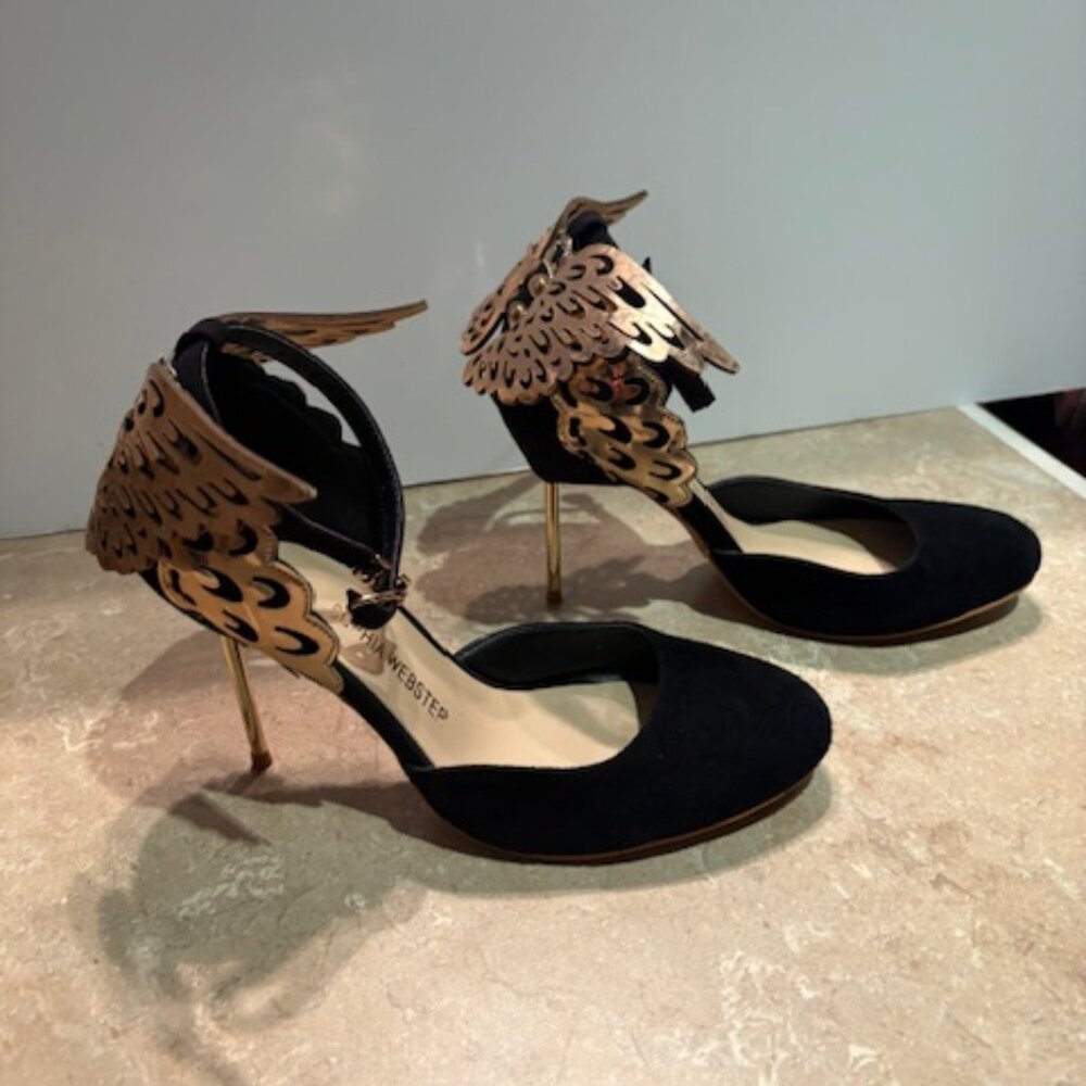 Sophia Webster "inspired" black suede heels with rose gold butterfly wings